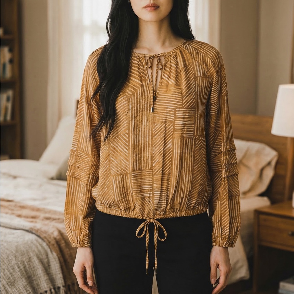 Time and Tru Mustard Geometric Tie-Neck Drawstring Blouse
